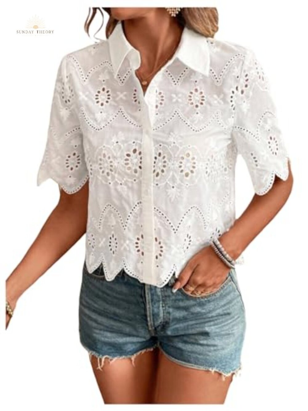 Eyelet Button Down Collared Short Sleeve Crop Blouse